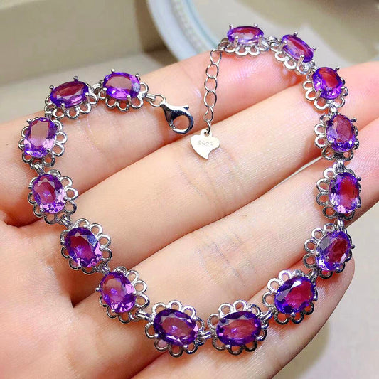 Natural Amethyst Bracelet, S925 Sterling Silver Setting