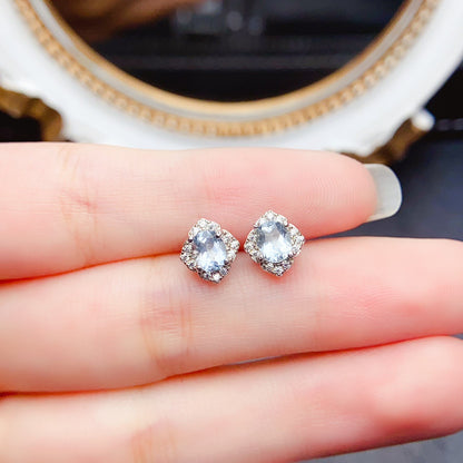Natural Aquamarine Earrings, 925 Silver Plated with Platinum, Main Stone 4*5mm