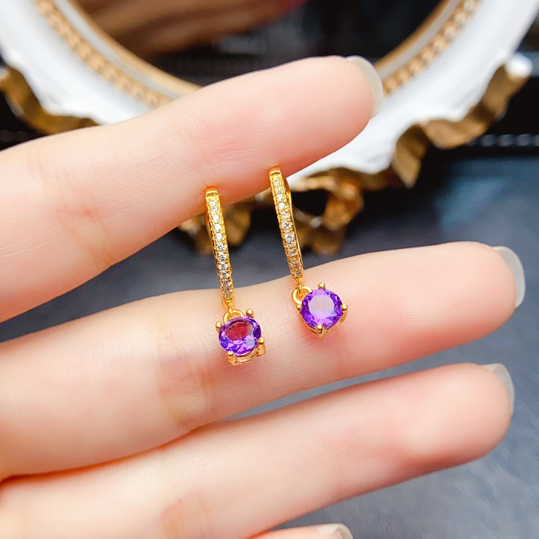 Natural Amethyst Earrings, 925 Silver with Gold Plating, 5x5mm