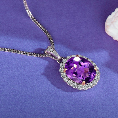 Natural Amethyst Pendant Necklace, S925 Silver Plated with Platinum