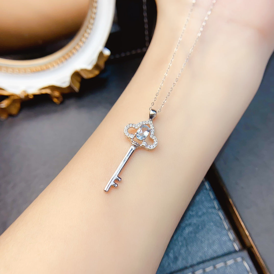 Natural Aquamarine Pendant Necklace, S925 Silver Plated with Platinum
