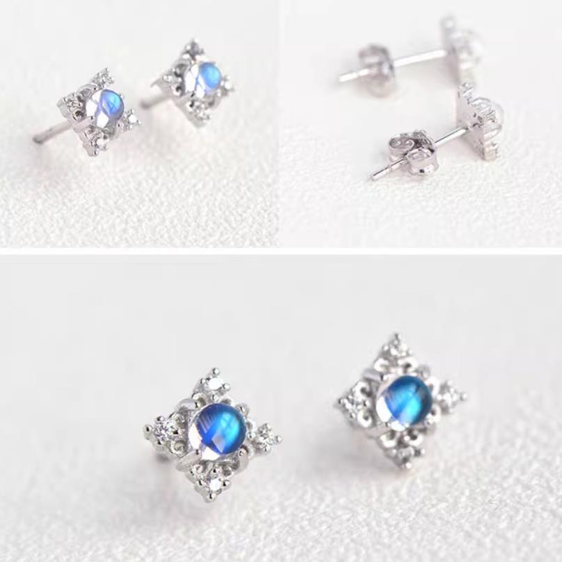 Natural Moonstone Earrings, Blue Sheen, S925 Sterling Silver, 3x3mm