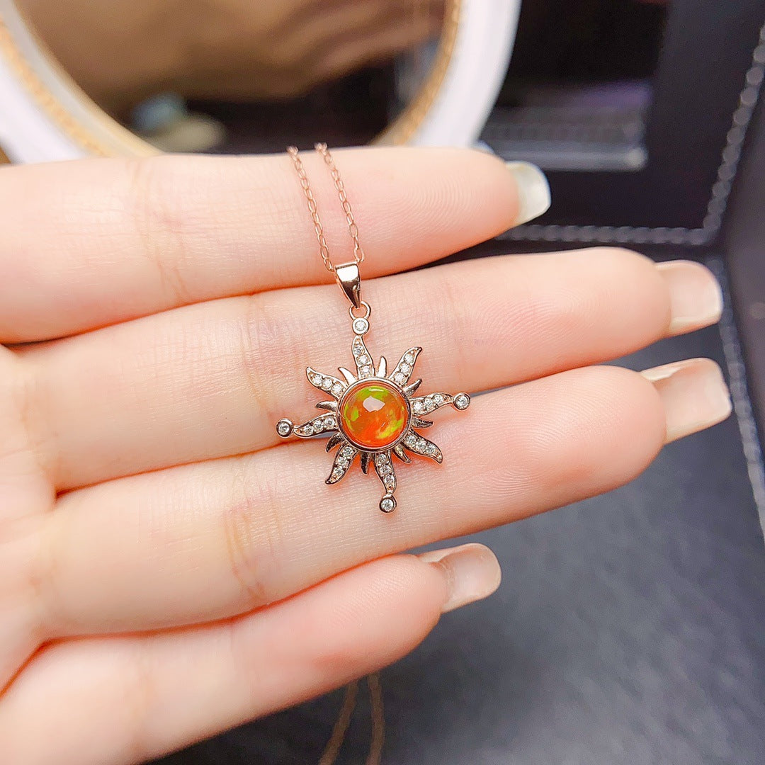Natural Fire Opal Pendant Necklace, Set in S925 Silver