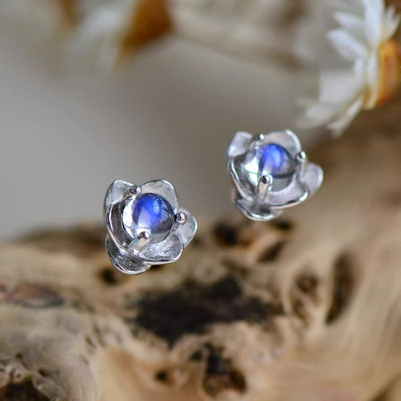 Natural Moonstone Earrings, Blue Sheen, S925 Sterling Silver, 3x3mm