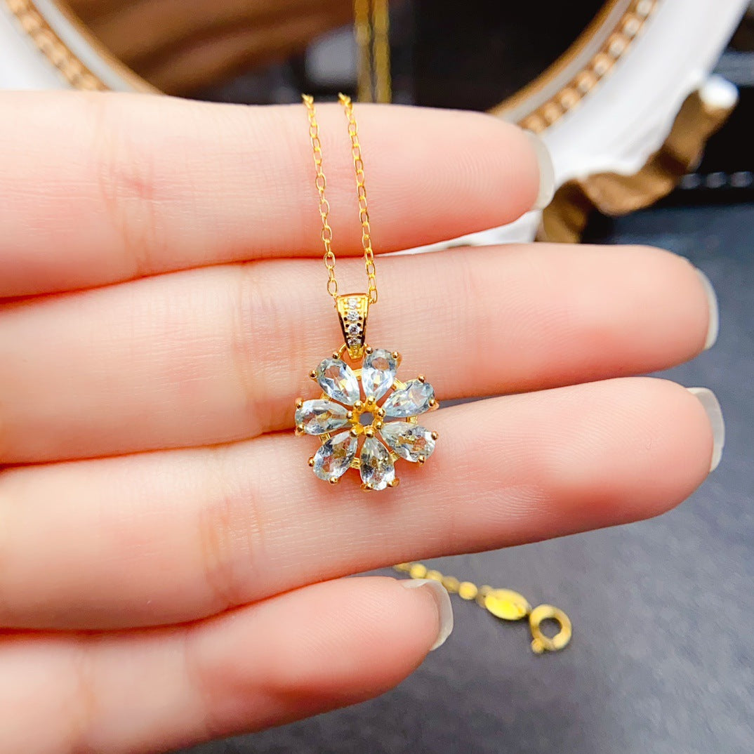 Natural Aquamarine Pendant Necklace, S925 Silver Plated with Gold