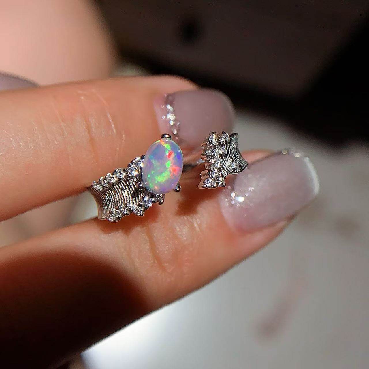 Natural Opal Ring 925 Silver with Wave Texture / Exquisite Wave Pattern