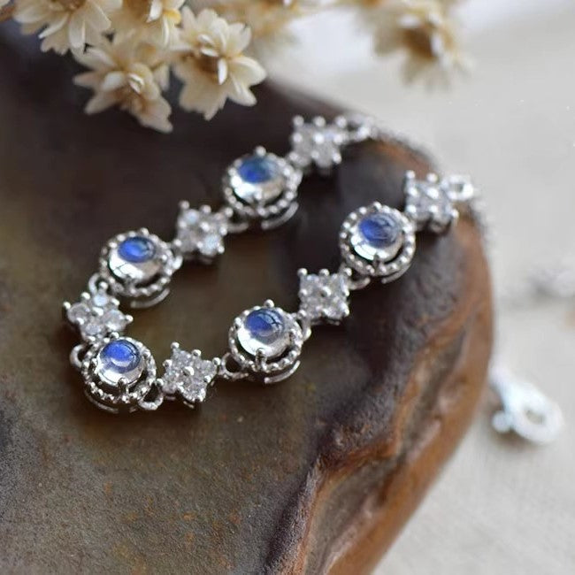 Natural Moonstone Bracelet, S925 Silver Plated with Platinum