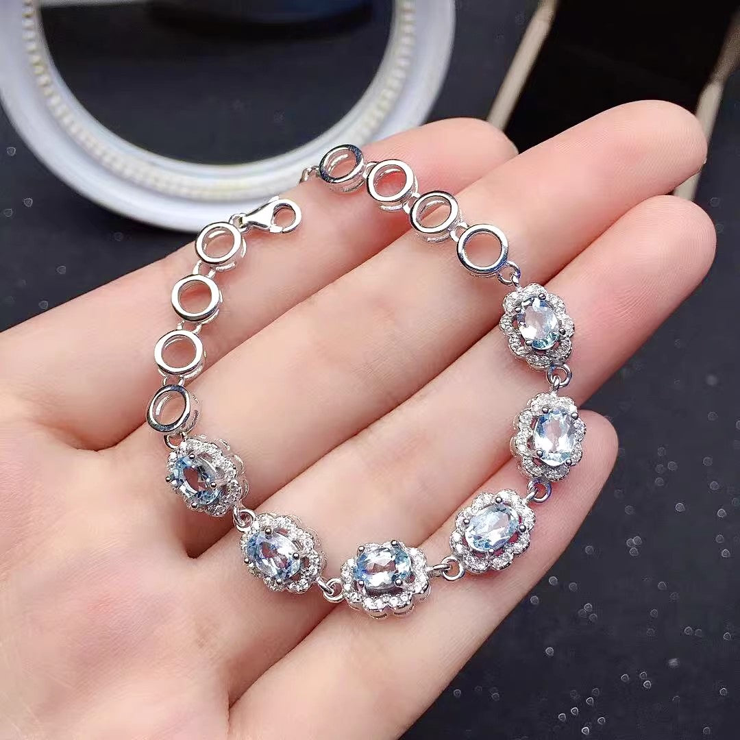 Natural Aquamarine Bracelet, S925 Sterling Silver Setting