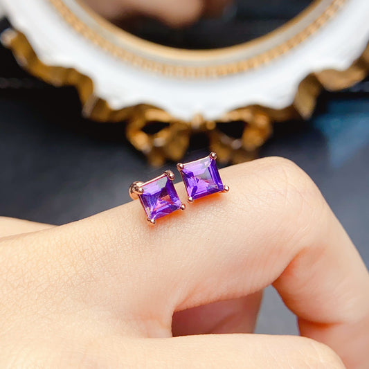 Natural Amethyst Earrings, 925 Silver with Gold Plating, 5x5mm