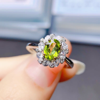 Natural Peridot Ring for Women, Set in S925 Sterling Silver, Main Stone 5*7mm