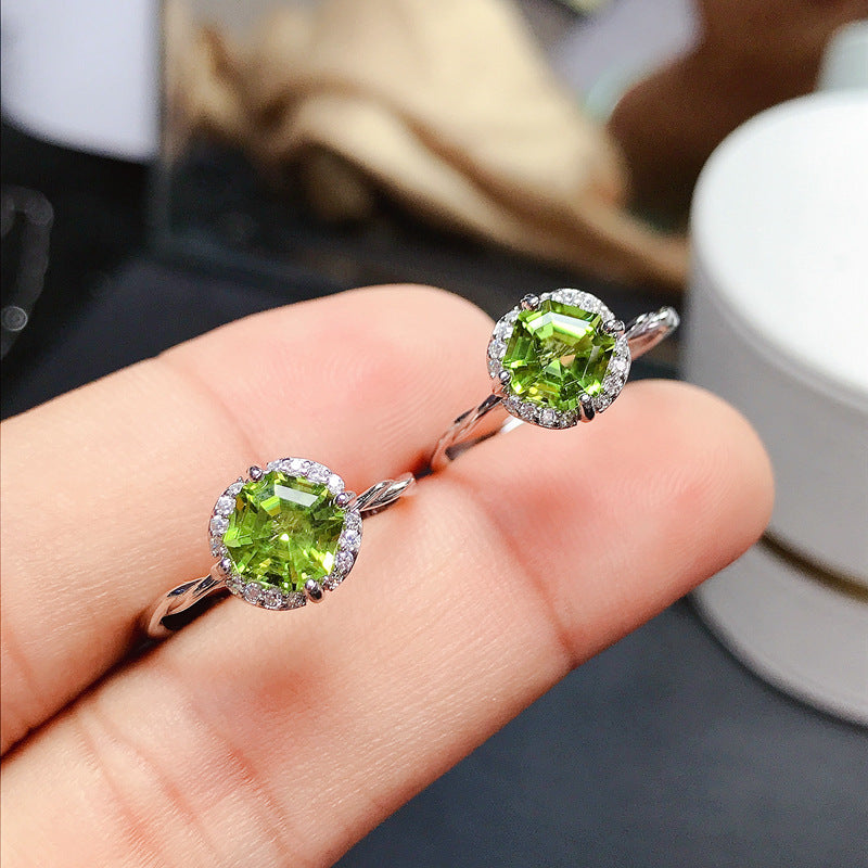 Natural Peridot Ring for Women, S925 Sterling Silver Setting, Main Stone 6*6mm