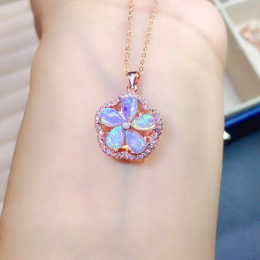 Natural Opal Floral Pendant Necklace, Set in S925 Silver