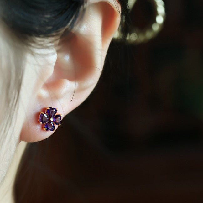 Natural Amethyst Sterling Silver Four-Leaf Clover Earrings