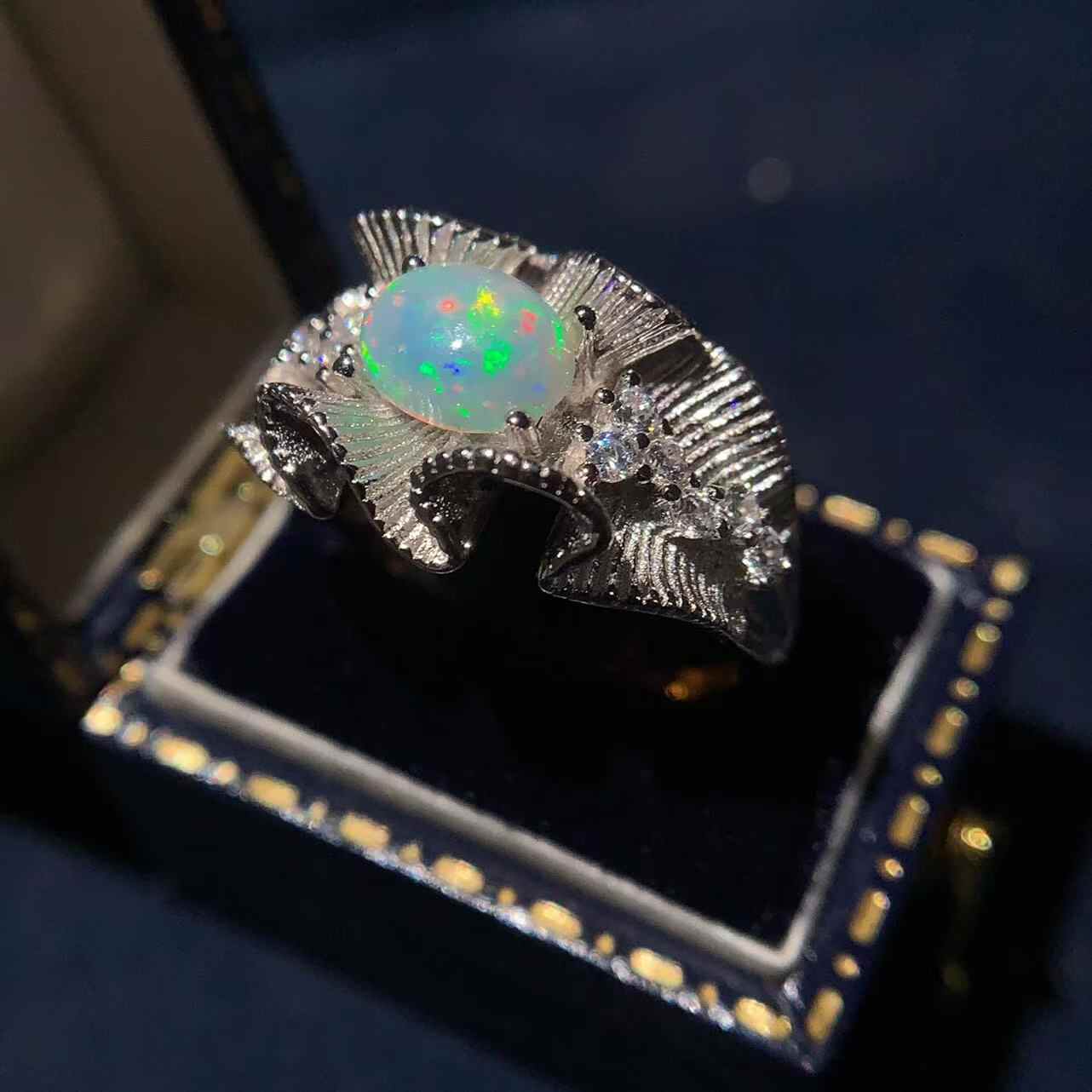 Natural Opal Ring 925 Silver with Floral Pattern
