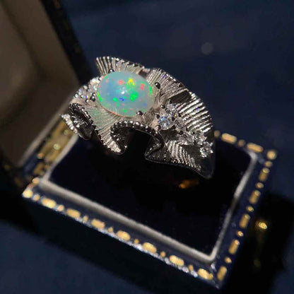 Natural Opal Ring 925 Silver with Floral Pattern