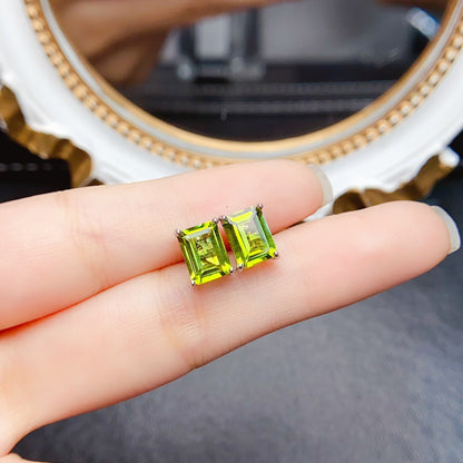 Natural Peridot Earrings, Set in S925 Silver, Main Stone 6x8mm
