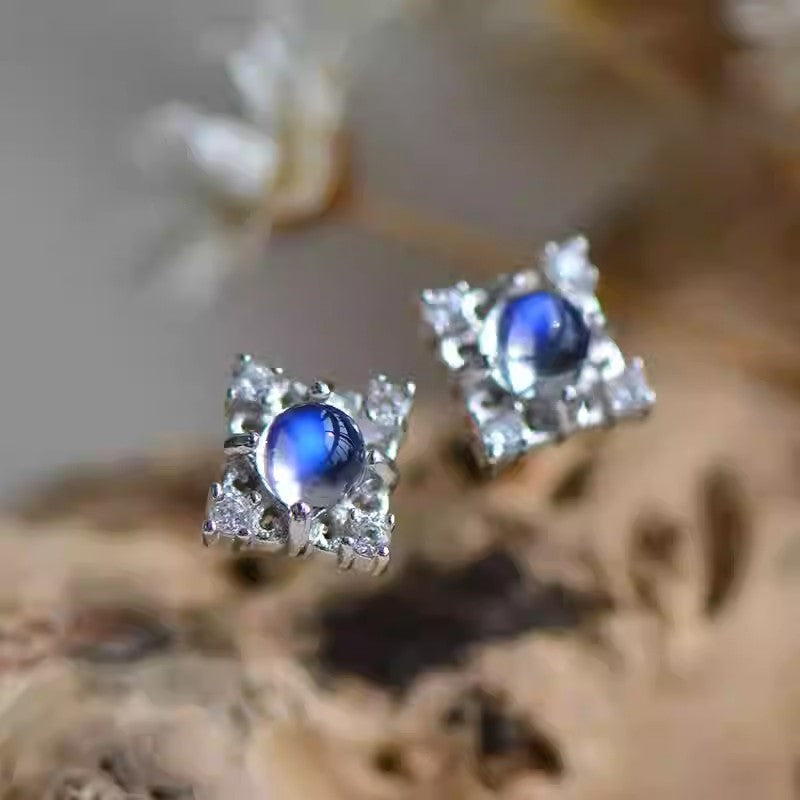 Natural Moonstone Earrings, Blue Sheen, S925 Sterling Silver, 3x3mm