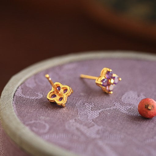 Natural Amethyst Sterling Silver Four-Leaf Clover Earrings