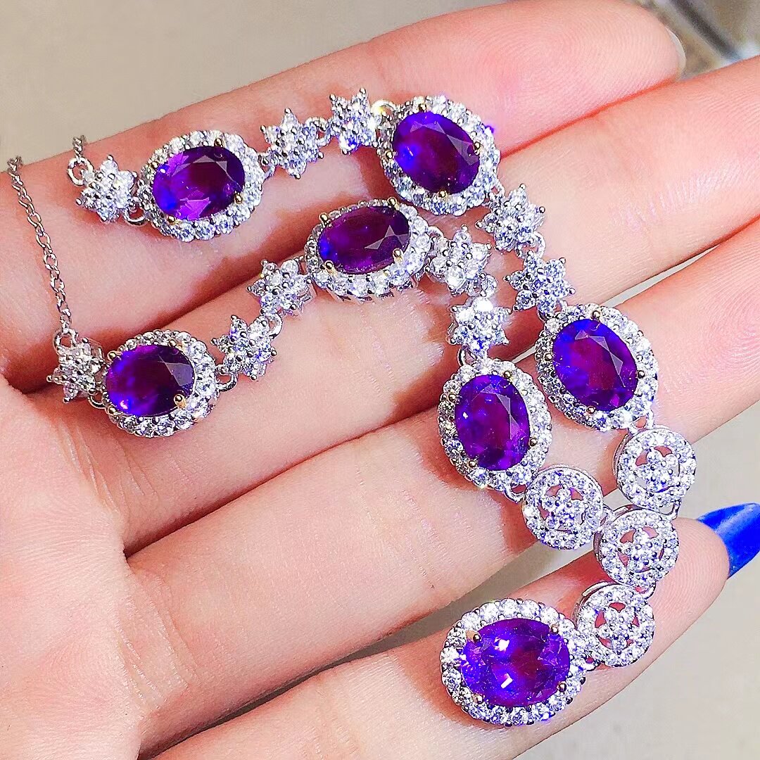 Natural Amethyst Necklace, S925 Silver Plated with Platinum