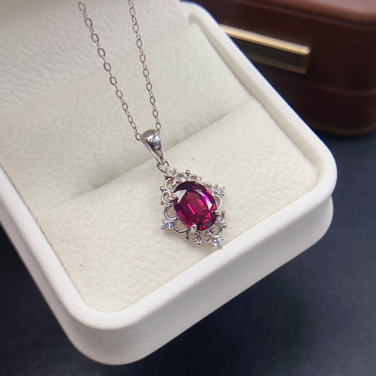 Natural Garnet Pendant Necklace, S925 Silver Plated with Platinum