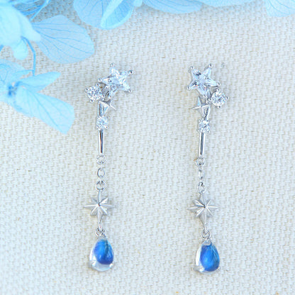Natural Moonstone Earrings, Ice Type with Strong Blue Sheen, 925 Sterling Silver
