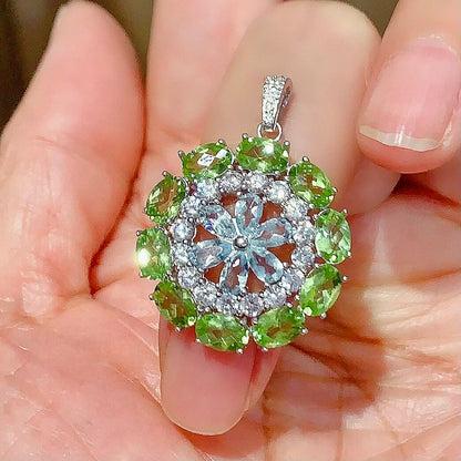 Natural Peridot and Aquamarine Pendant Necklace, Set in S925 Silver