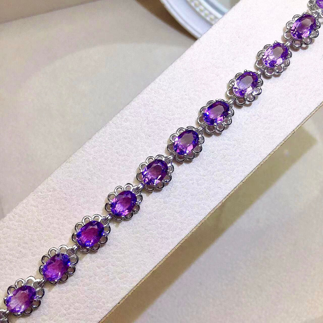 Natural Amethyst Bracelet, S925 Sterling Silver Setting