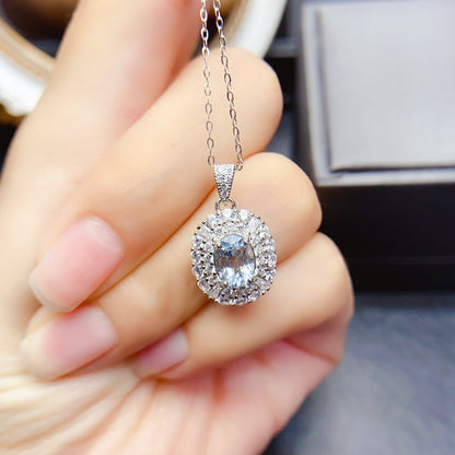 Natural Aquamarine Pendant Necklace, S925 Silver Plated with Platinum