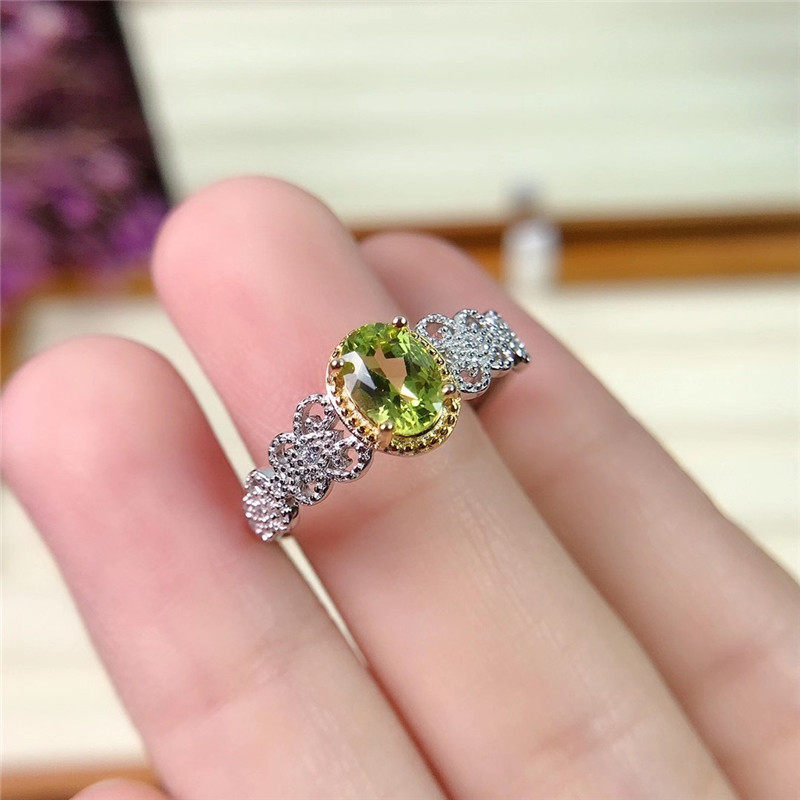 Natural Peridot Ring for Women, Set in S925 Sterling Silver, Main Stone 5*7mm