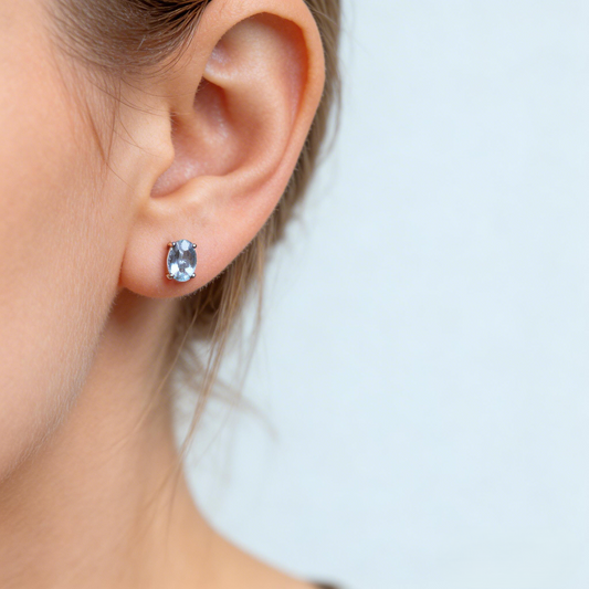 Natural Aquamarine Earrings, 925 Silver Plated with Platinum, 4-Prong Setting, 3*5mm