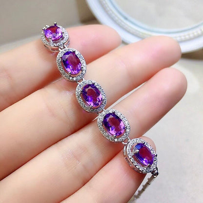 Natural Amethyst Bracelet, S925 Sterling Silver Setting