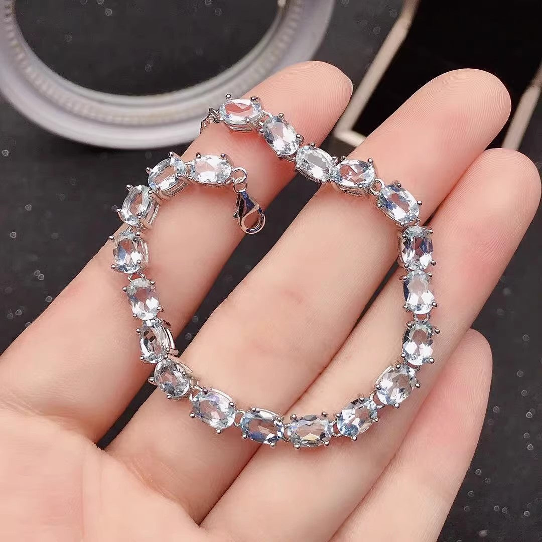 Natural Aquamarine Bracelet, S925 Sterling Silver Setting