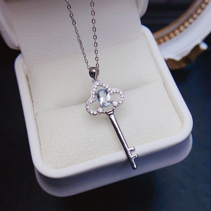 Natural Aquamarine Pendant Necklace, S925 Silver Plated with Platinum
