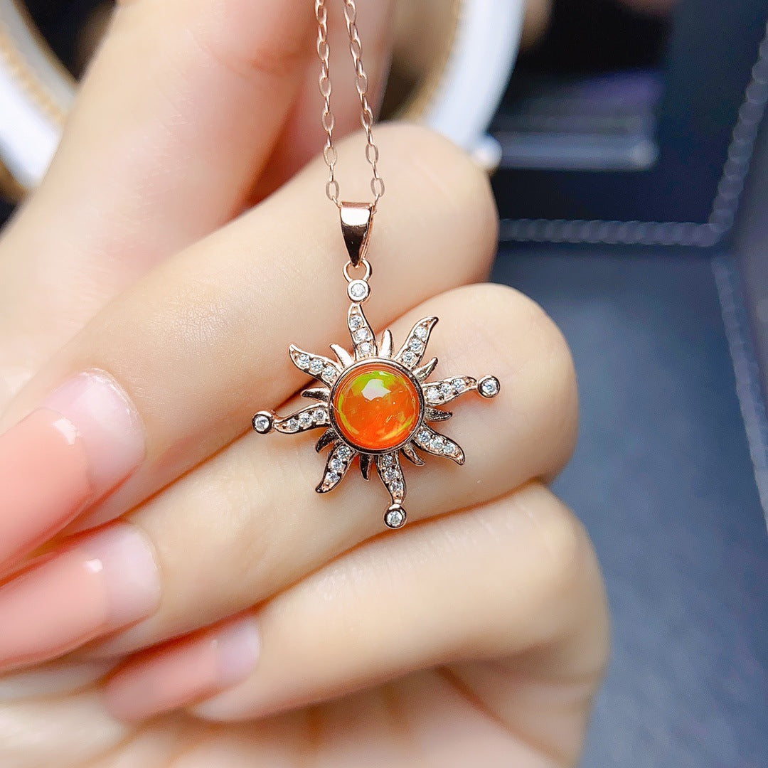 Natural Fire Opal Pendant Necklace, Set in S925 Silver