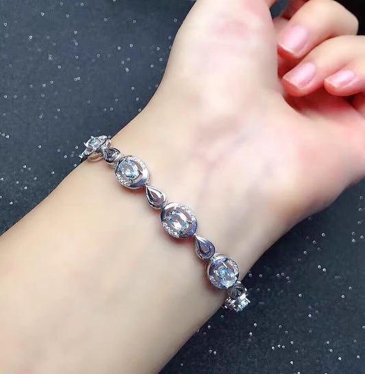 Natural Aquamarine Bracelet, S925 Sterling Silver Setting