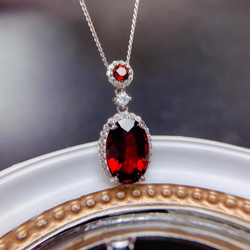 Natural Garnet Pendant Necklace, S925 Silver Plated with Platinum