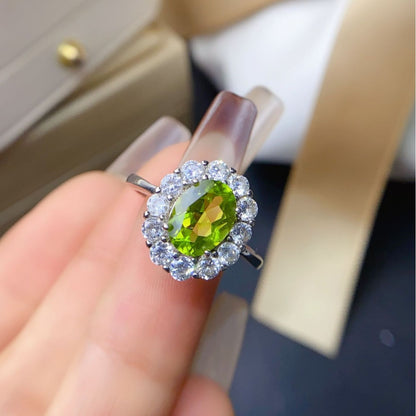 Natural Peridot Ring for Women, S925 Sterling Silver Setting, Main Stone 7*9mm