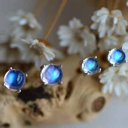 Natural Moonstone Earrings, Blue Sheen, S925 Sterling Silver, 4.2mm and 5.2mm
