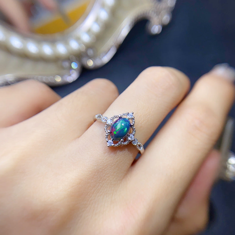 Natural Black Opal Ring 925 Silver 5*7mm