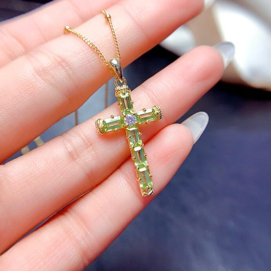Natural Peridot Cross Pendant Necklace, Set in S925 Silver