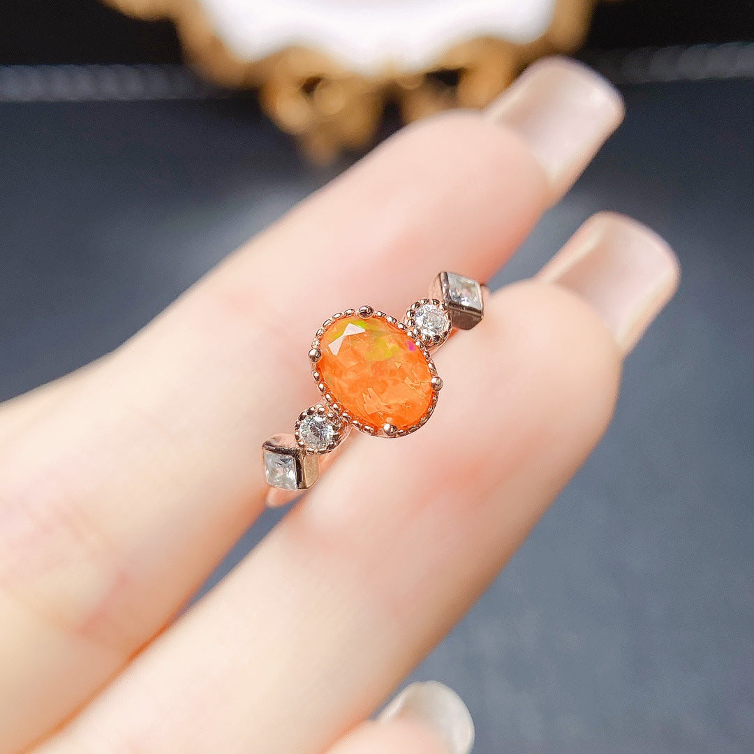 Natural Fire Opal Ring S925 Silver Setting, Main Stone 5*7mm