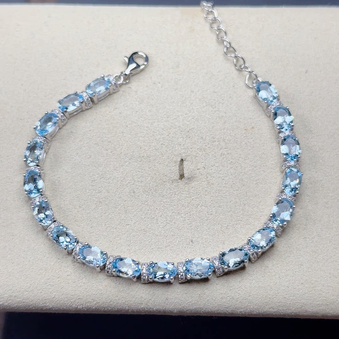 Natural Aquamarine Bracelet, S925 Sterling Silver Setting