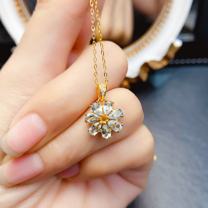 Natural Aquamarine Pendant Necklace, S925 Silver Plated with Gold