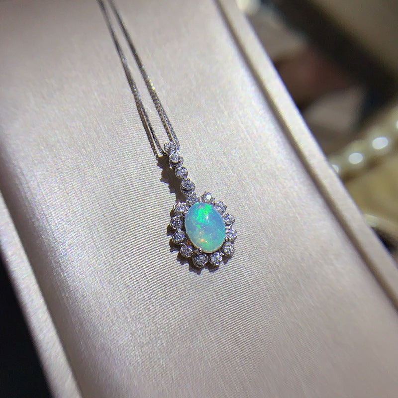 Natural Opal Pendant Necklace, S925 Silver Plated with Platinum