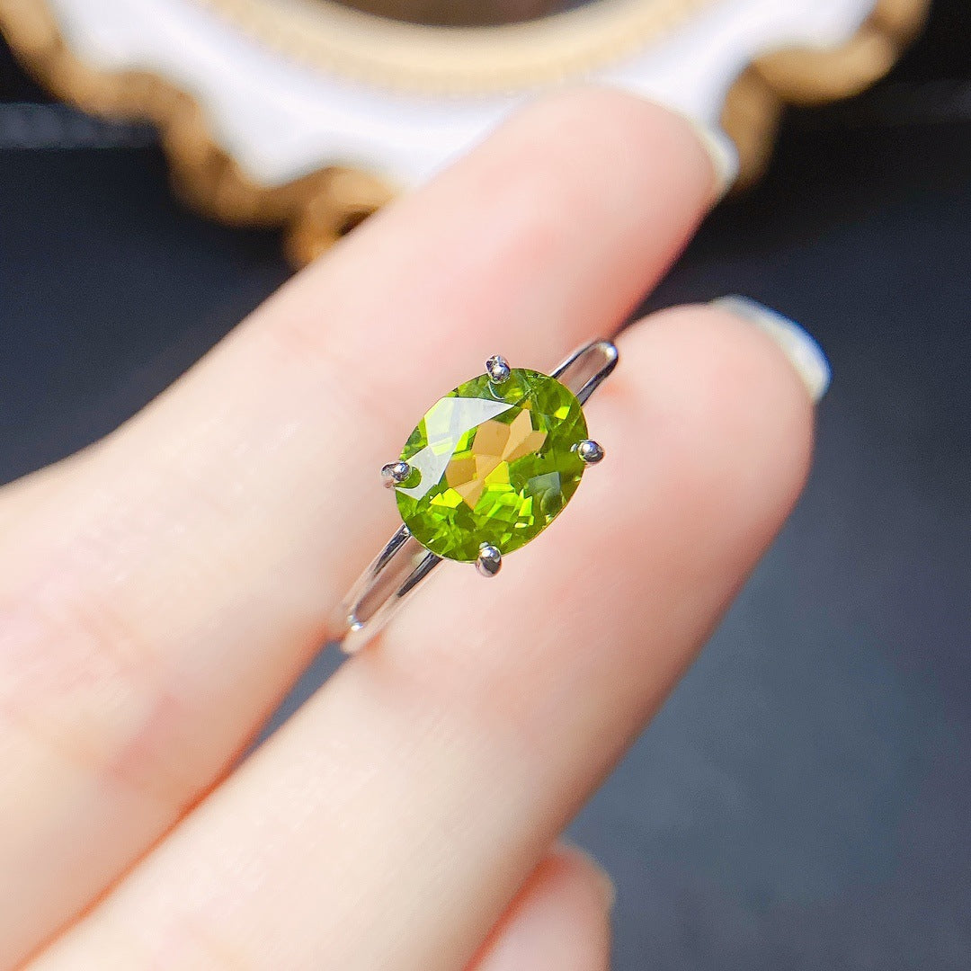 Natural Peridot Ring for Women, S925 Sterling Silver Setting, Main Stone 7*9mm