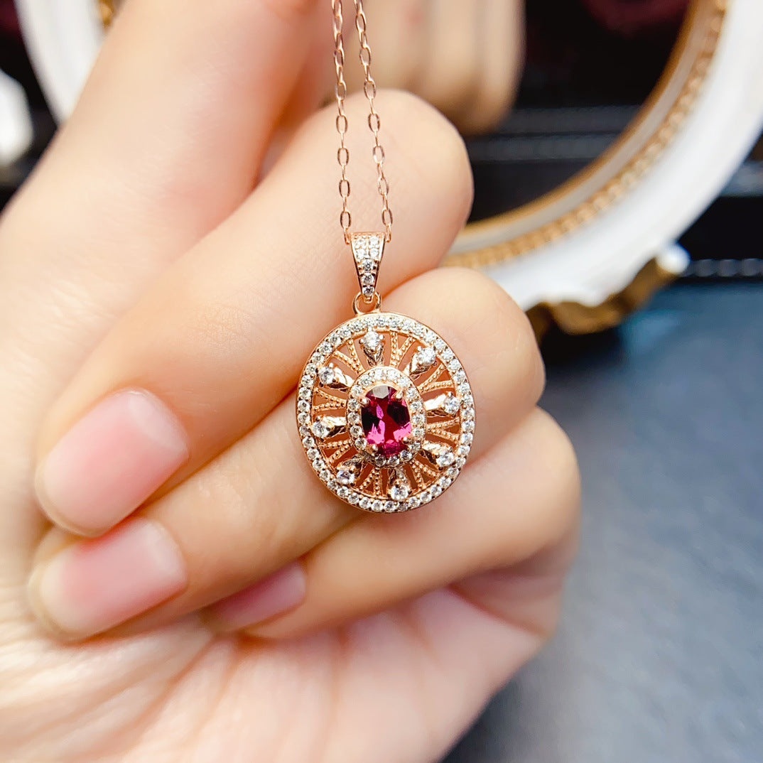 Natural Garnet Pendant Necklace, S925 Silver Rose Gold-Plated