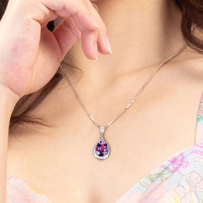 Natural Amethyst Pendant Necklace, S925 Silver Plated with Platinum