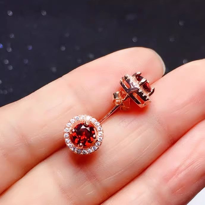 Natural Garnet Earrings, 925 Silver Plated with Rose Gold, Main Stone 5*5mm