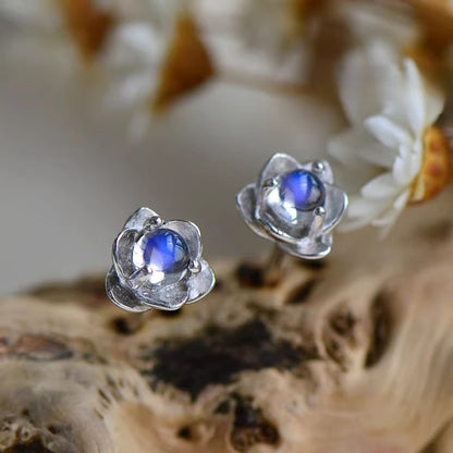 Natural Moonstone Earrings, Blue Sheen, S925 Sterling Silver, 3x3mm