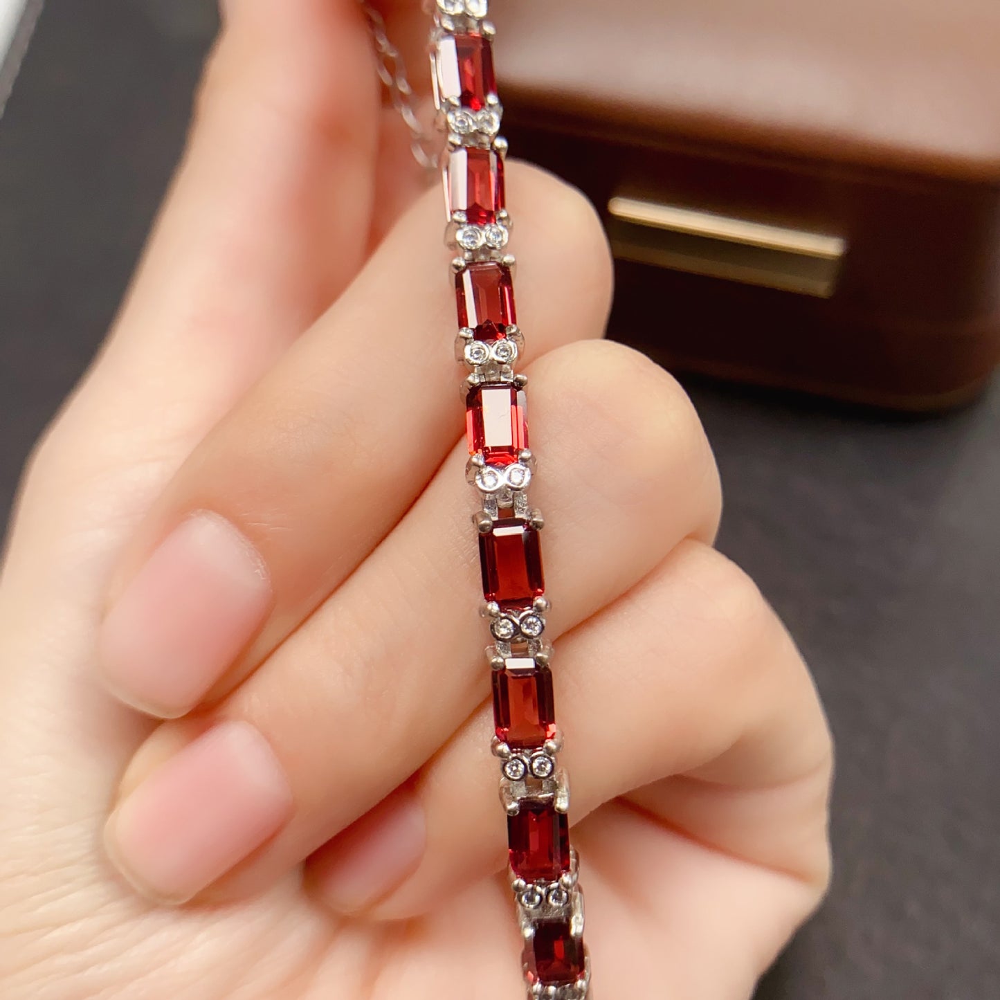 Bracelet Grenat Naturel, Plaqué Argent S925 et Platine